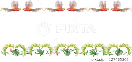 Flying tropical birds with long tails palm leaves, flowers watercolor horizontal frame isolated on white. Hand-painted perfect for wedding stationery, fabric prints, summer projects. Golden pheasant Flying tropical birds with long tails palm leaves, flowers watercolor horizontal frame isolated on white. Hand-painted perfect for wedding stationery, fabric prints, summer projects. Golden pheasant 127465805