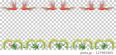 Flying tropical birds with long tails palm leaves, flowers watercolor horizontal frame isolated on white. Hand-painted perfect for wedding stationery, fabric prints, summer projects. Golden pheasant 127465805