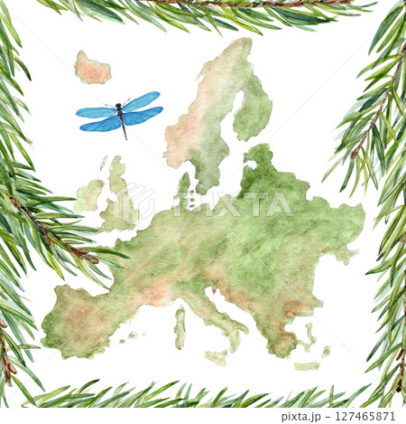 Map of Europe in frame of fir branches, dragonfly. Watercolor illustration on white. Ideal for travel blogs, books, educational posters, branding, eco-friendly business presentations or decor 127465871