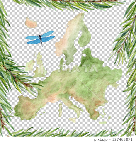 Map of Europe in frame of fir branches, dragonfly. Watercolor illustration on white. Ideal for travel blogs, books, educational posters, branding, eco-friendly business presentations or decor 127465871
