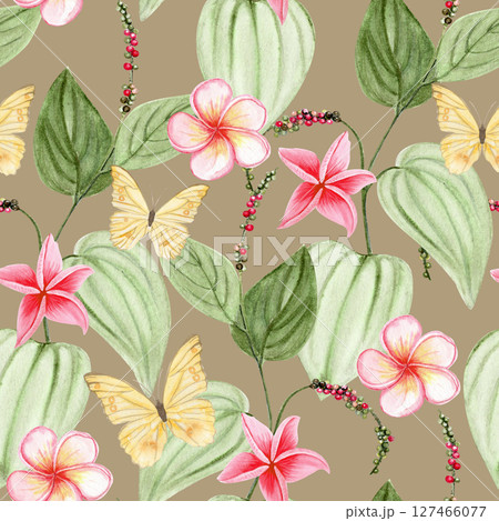 Kampot pepper plant with peppercorns, yellow butterflies and plumeria flowers watercolor seamless pattern on mocha background. Perfect for packaging, culinary design, branding, textile or eco labels 127466077