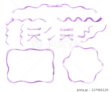 水彩で描いた紫色のリボンフレーム素材セット 127466126