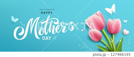 Happy mother's day pink tulips flower blue banner concept design background, EPS10 Vector illustration 127466195