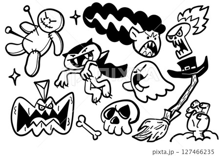 Spooky Halloween illustrations featuring ghosts, monsters, and pumpkin create fun atmosphere Spooky Halloween illustrations featuring ghosts, monsters, and pumpkin create fun atmosphere 127466235