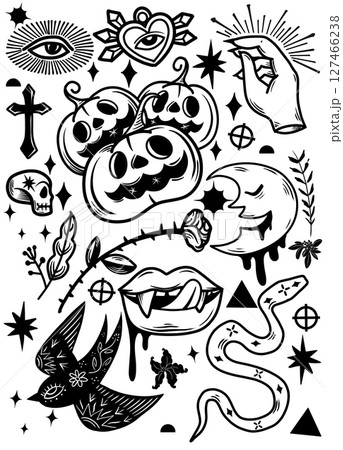 Spooky Halloween themed illustrations featuring pumpkins, skulls, and mystical symbols evoke Spooky Halloween themed illustrations featuring pumpkins, skulls, and mystical symbols evoke 127466238