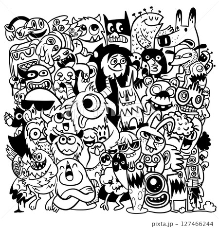 Colorful collection of cartoon monsters and characters, showcasing playful and whimsical designs 127466244