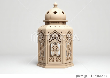 Exquisite beige Ramadan lantern design, featuring intricate geometric patterns and detailed craftsmanship. 127466455