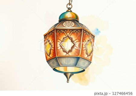 Watercolor illustration of a hanging lantern, a symbol of Ramadan, glowing warmly 127466456