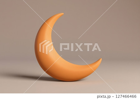 A beautifully rendered 3D illustration of a crescent moon in an orange hue. 127466466