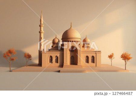 Elegant golden mosque with minaret and domes, surrounded by trees, soft lighting. 127466487
