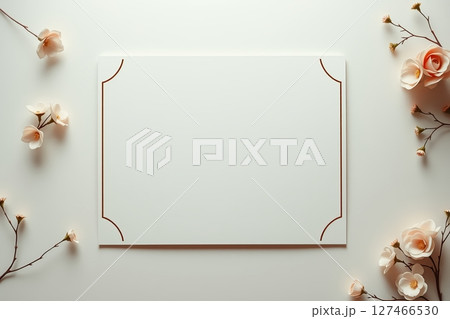 Blank white card with flowers on a light background Blank white card with flowers on a light background 127466530