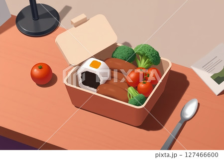 A lunchbox containing sausage, broccoli, rice ball, tomato and a spoon on the table. A lunchbox containing sausage, broccoli, rice ball, tomato and a spoon on the table. 127466600