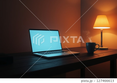 Cozy Home Office Setup with Laptop, Coffee Cup, and Warm Lighting Ambiance 127466613