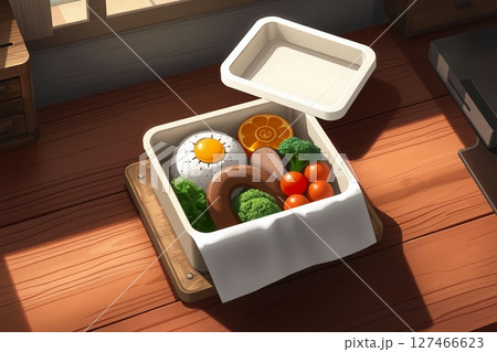 A beautifully arranged bento box filled with colorful and nutritious food on a wooden table. 127466623