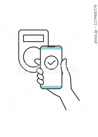 スマートフォンを非接触決済端末にかざして支払いするイラスト（キャッシュレス・NFC） 127466779