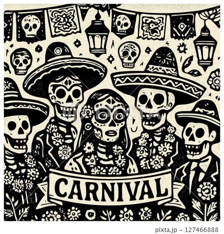 Vibrant Day of the Dead-inspired carnival scene. Vector black and white illustration 127466888