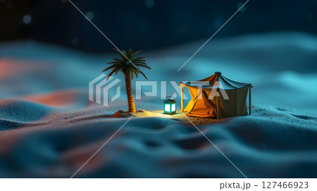 A serene desert scene: Palm tree, tent, and lantern under a starry night sky 127466923