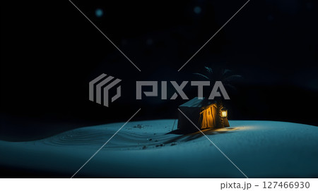 Nighttime desert scene with a glowing tent and lantern, under a starlit sky. 127466930