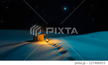 A serene desert night scene with a small wooden hut, palm tree, and a lit lantern A serene desert night scene with a small wooden hut, palm tree, and a lit lantern 127466953