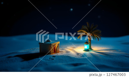 A serene desert night scene with a small tent, palm tree, and glowing lantern. 127467003