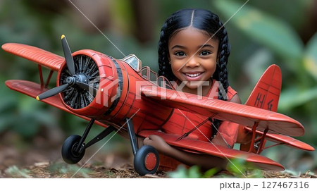 Smiling girl playing with red toy airplane outdoors summer sunlight joyful child 127467316