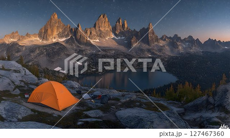 Sunrise mountain lake camping tent dramatic peaks reflection 127467360