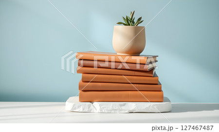 A stack of books with varying shades of orange beneath a small tan pot holding a plant. 127467487