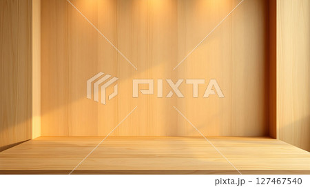 Wooden display stand with warm lighting, ideal for product showcasing and presentations, studio concept. 127467540