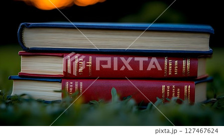 Stack of hardcover books at sunset education and knowledge concept 127467624