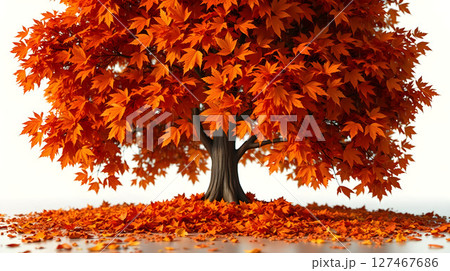 Vibrant autumn tree with bright orange leaves and fallen foliage on the ground, natural scene 127467686