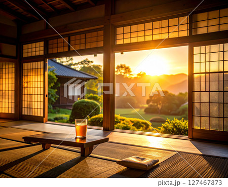 和室から眺める夕焼け 127467873