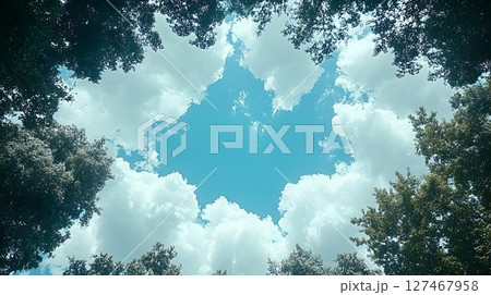 Upward View of Trees Framing a Bright Blue Sky and Clouds 127467958