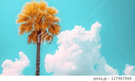 Golden Palm Tree Against Azure Sky with Fluffy White Clouds 127467989