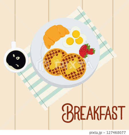 Waffles and eggs breakfast. Vector 127468077