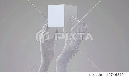 Wireframe hands delicately holding a pristine white cube against 127468464