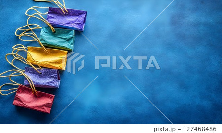 Colorful Paper Shopping Bags Against a Deep Blue Background 127468486