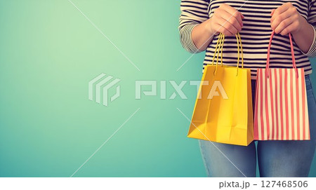 Striped Shirt Shopper with Yellow and Red Striped Shopping Bags 127468506