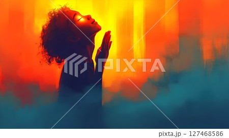 Radiant Silhouette of a Woman in Prayer, Vivid Hues Radiant Silhouette of a Woman in Prayer, Vivid Hues 127468586