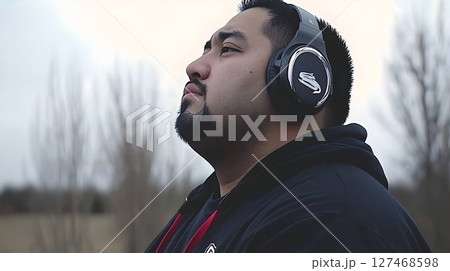 Man in Headphones Gazing Upward in a Blurred Winter Landscape 127468598