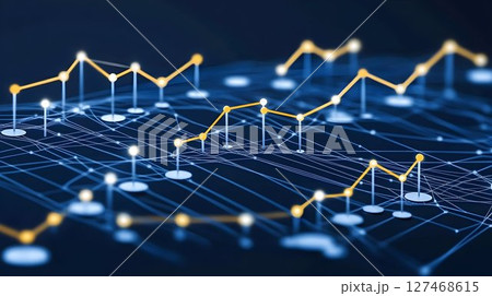 Glowing Yellow Line Graphs on a Blue Network Grid Visualization 127468615