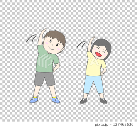 Illustration of children doing exercises enthusiastically Illustration of children doing exercises enthusiastically 127468636