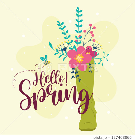 Hello spring with flower boot. Vector 127468866