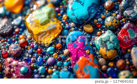 Colorful rocks and bubbles scattered on a textured surface, creating a vibrant and playful visual display 127469102