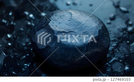 A smooth black stone glistening with water droplets, showcasing a natural and serene beauty 127469103
