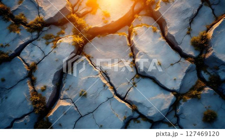 Rays of sunlight filter through the rock's fissures, casting light on the rough surfaces and enhancing the natural beauty Rays of sunlight filter through the rock's fissures, casting light on the rough surfaces and enhancing the natural beauty 127469120