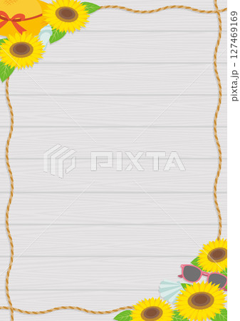 夏をイメージしたひまわりと麦わら帽子とロープのフレームイラスト_縦向き_白 127469169