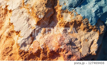 Close-up image of a rock wall, emphasizing the intricate textures and rust stains that illustrate its age 127469408