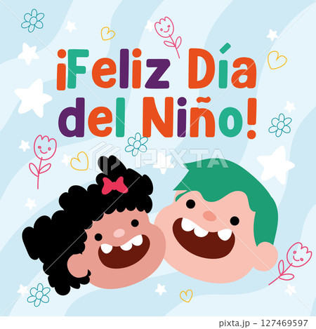 Smiling kids and doodle flowers. Vector 127469597