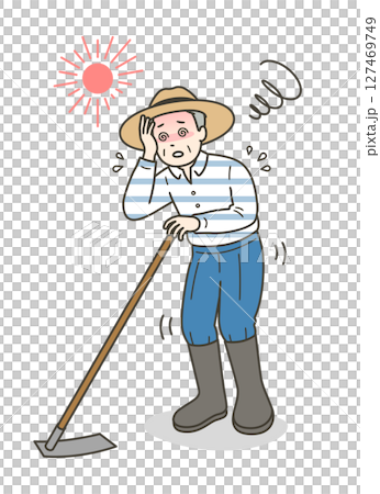 一位老人在農場工作時中暑和頭暈的插圖 一位老人在農場工作時中暑和頭暈的插圖 127469749