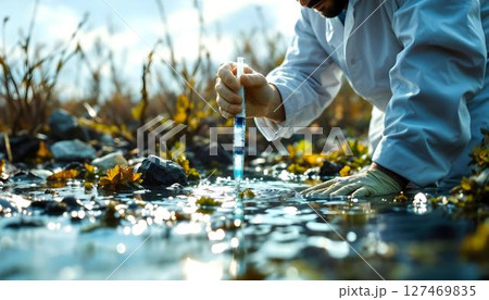 A researcher in a white coat gathers a water sample from a contaminated pond using a test tube for testing 127469835